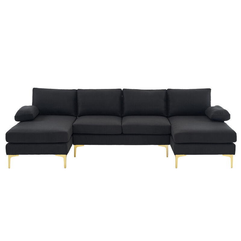 4-Seater U-Shaped Indoor Modular Sofa, Linen Seat with Wooden & Iron Frame, Gold Feet