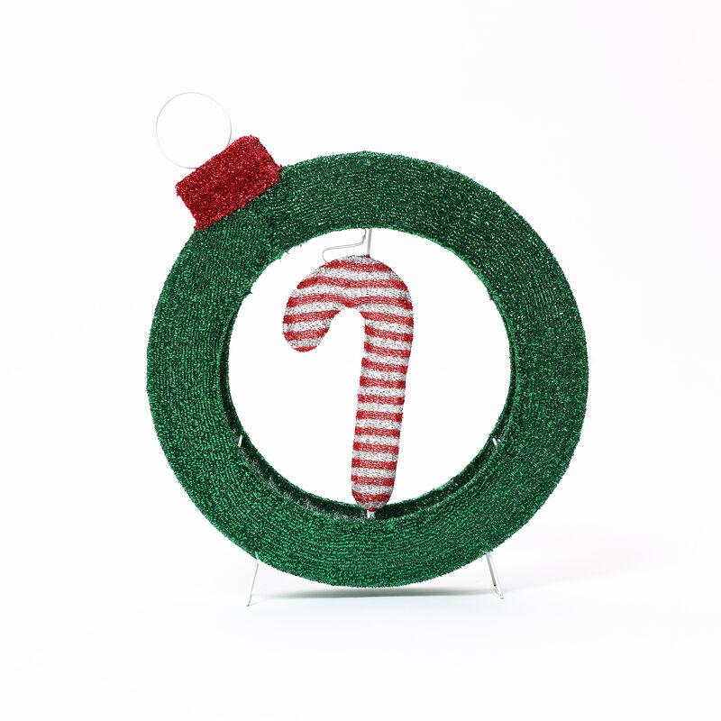LuxenHome 1.9Ft Tall Ornament and Candy Cane Wreath Outdoor Holiday Decoration with Lights