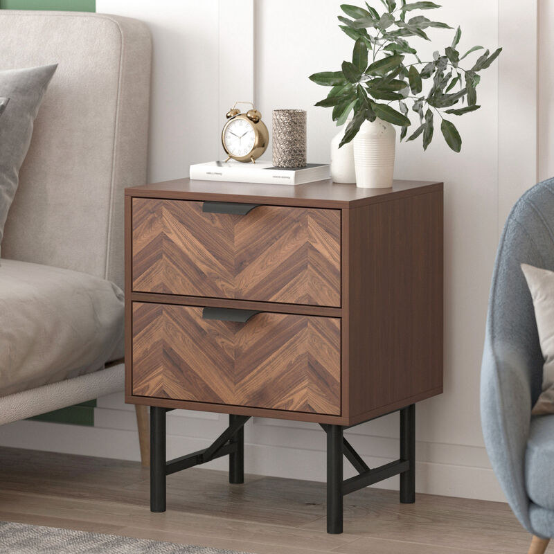 2-Drawer Brown Wood Nightstand With Metal Legs, Side Table Bedside Table 24 in. H x 18.9 in. W x 15.7 in. D