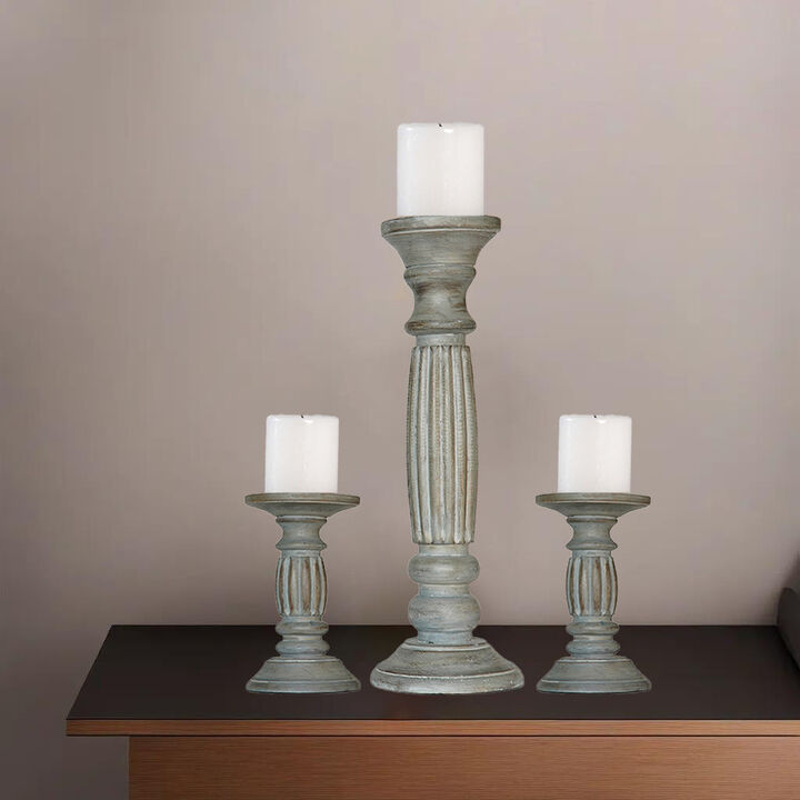 Traditional Antique Dusk Eco-friendly Handmade Mango Wood Set Of Three 6",15" & 6" Pillar Candle Holder