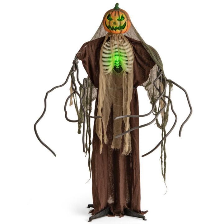 Hivvago 6 Feet Halloween Animatronics Light Up Talking Ghost Pumpkin with Glowing Ribs and Moving Head