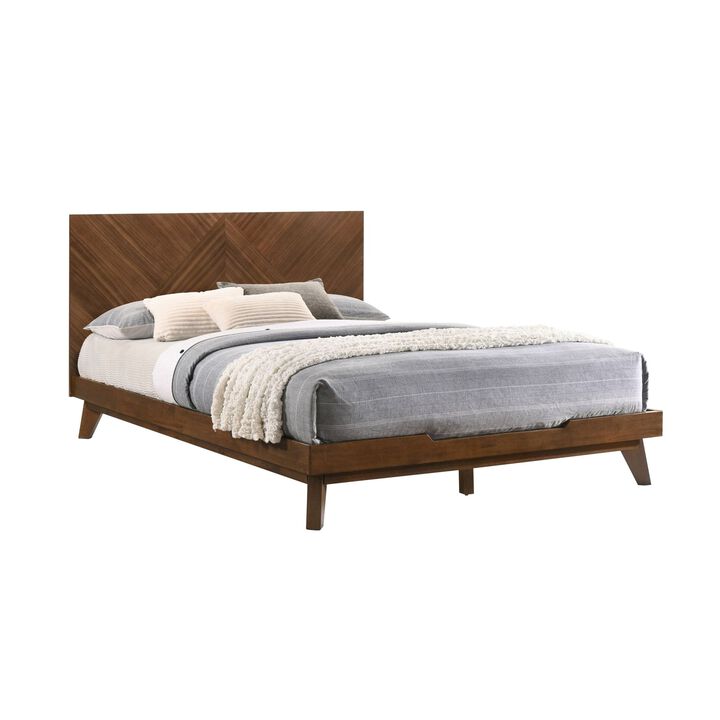 Soer Queen Bed, Chevron Pattern Tall Headboard, Walnut Brown Solid Wood - Benzara
