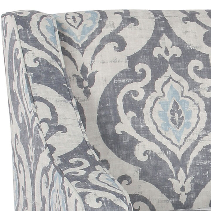 Fabric Upholstered Wooden Accent Chair with Swooping Armrests and Damask Pattern Design, Multicolor - Benzara