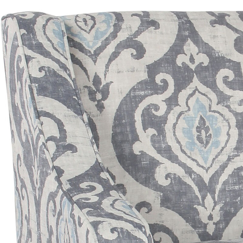 Fabric Upholstered Wooden Accent Chair with Swooping Armrests and Damask Pattern Design, Multicolor - Benzara