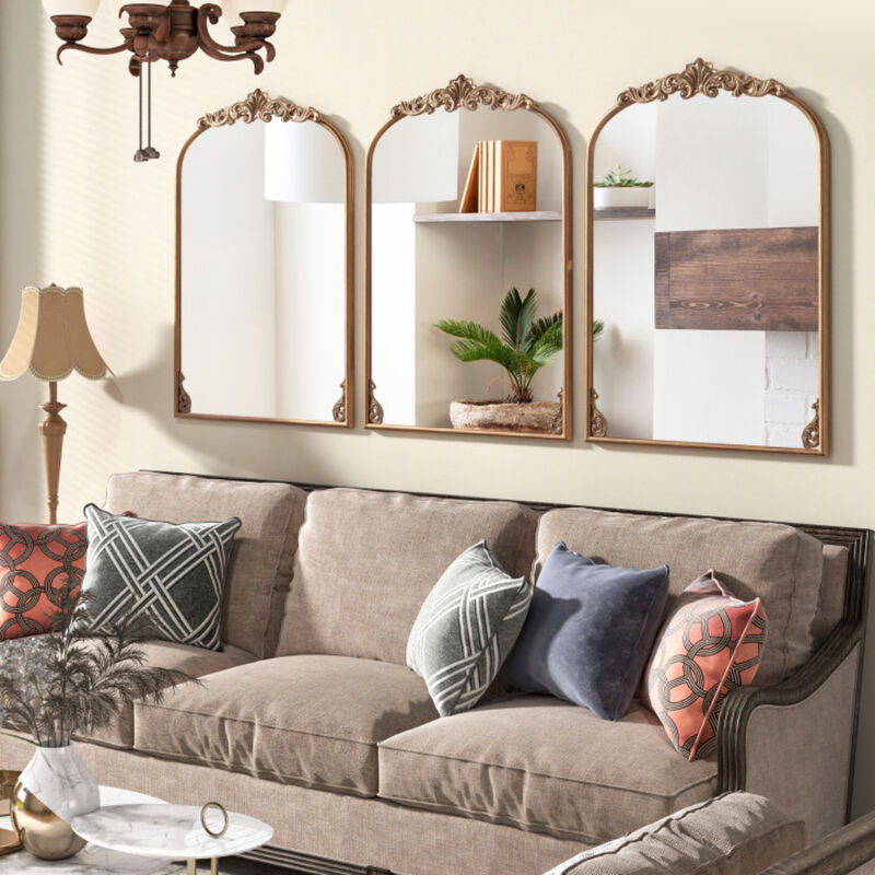 Traditional Arched Mirror with Gold Metal Frame and Baroque Design