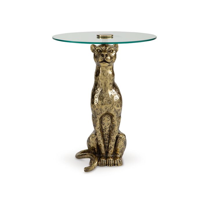 Accent Table, Gold Cast Metal Leopard Design, 18 Inch Glass Round Top - Benzara