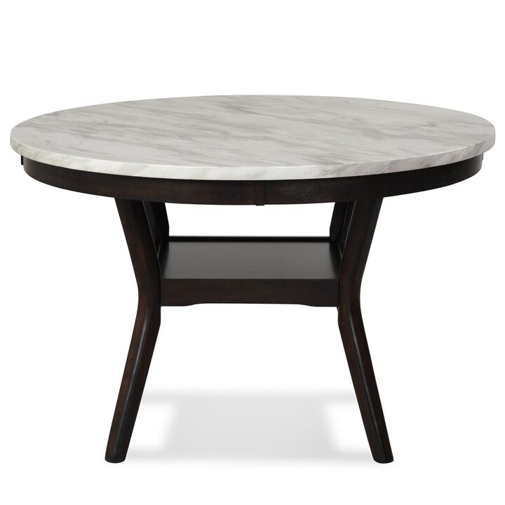 Kate 47 Inch Round Dining Table with Faux Marble Top, White and Brown - Benzara