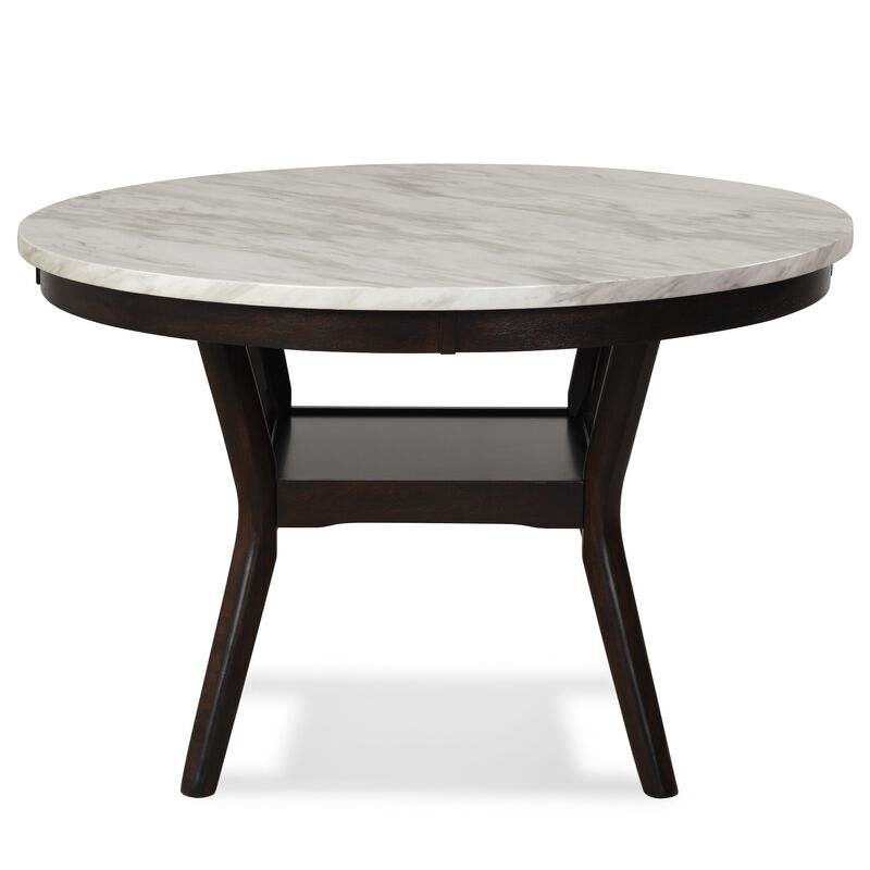 Kate 47 Inch Round Dining Table with Faux Marble Top, White and Brown - Benzara