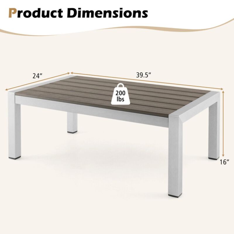 Hivvago Modern Rectangular Patio Coffee Table with Plastic Wood Tabletop and Rustproof Aluminum Frame-Gray