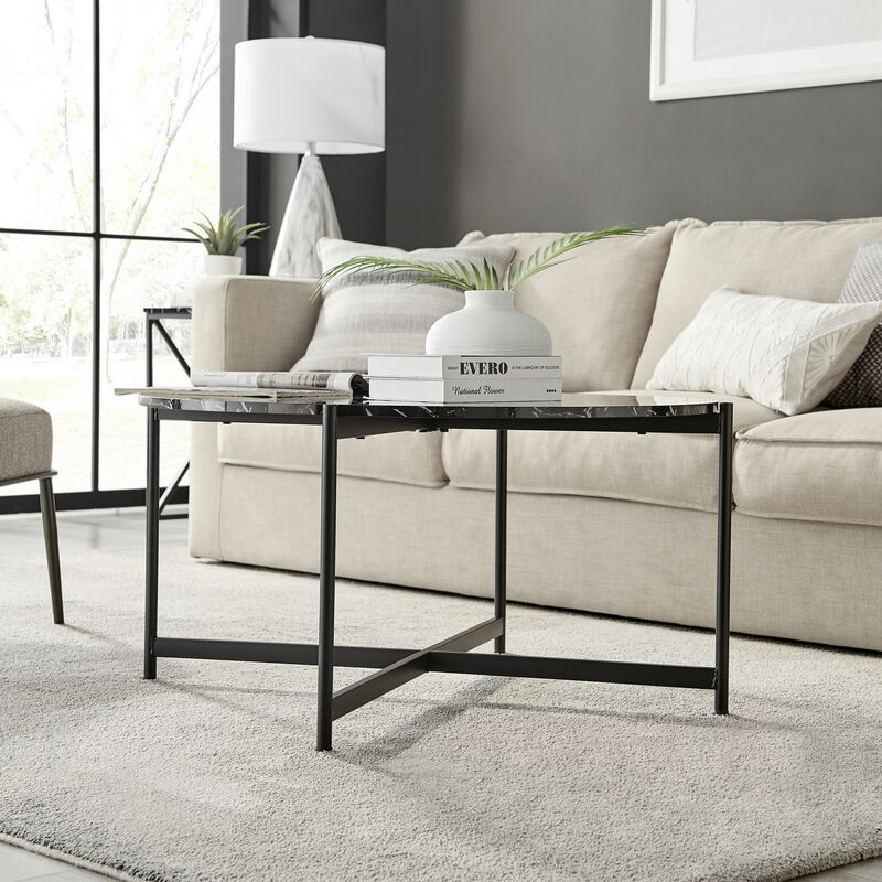 Round Contemporary Marble Finish Veneer Top Black Metal Large Coffee Table