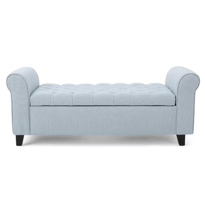 Storage Ottoman Bench, 50 Inch Light Blue, Rolled Arms, Black Wood - Benzara