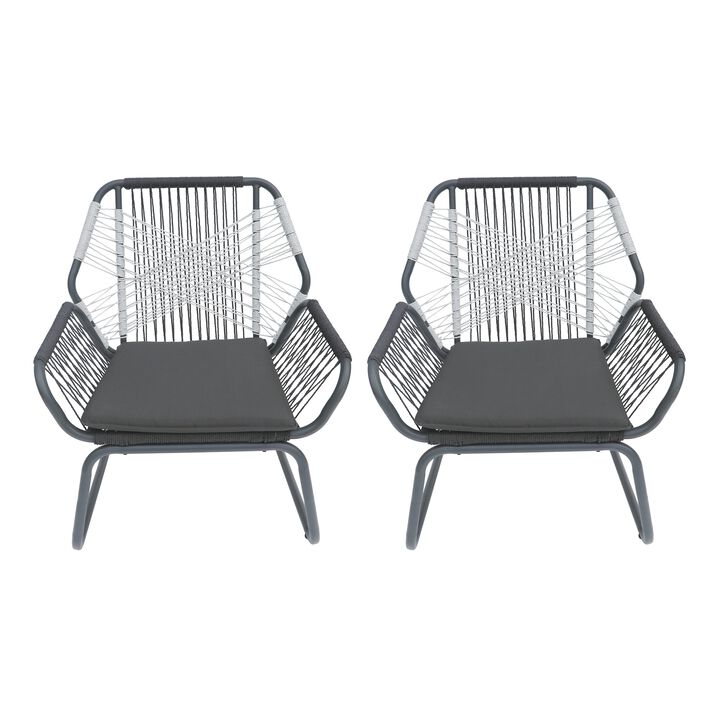 Ciao Accent Club Chair Set of 2, Outdoor Gray Cushions, Gray Rope and Steel