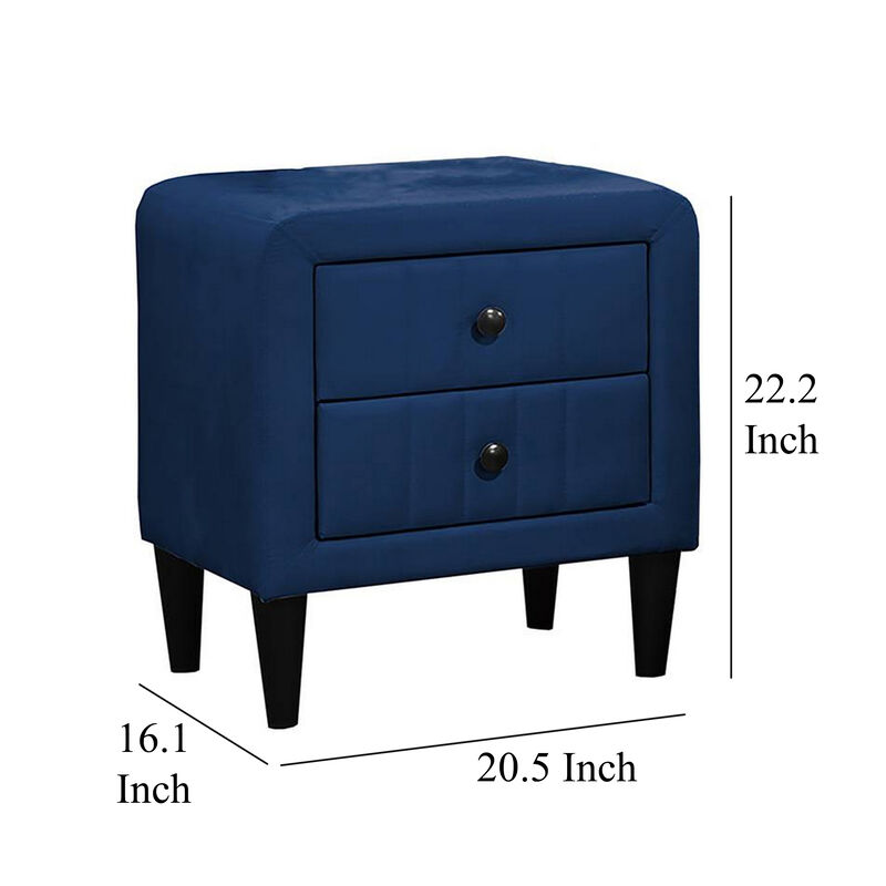 Rheo Nightstand, 2 Drawers, 22 Inch Upholstered in Navy Blue Velvet - Benzara