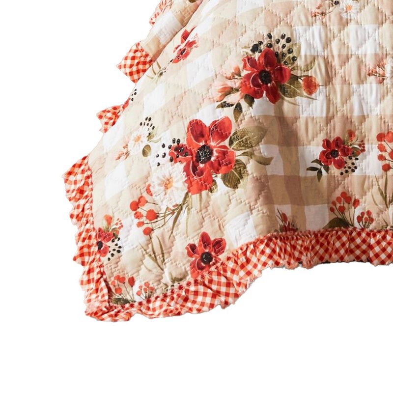 2pc Twin Quilt and Pillow Sham Set, Windflowers, Ruffle Edge, Truffle Brown - Benzara