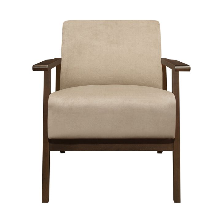 Rica 32 Inch Accent Armchair, Soft Beige Velvet, Walnut Brown Solid Wood - Benzara