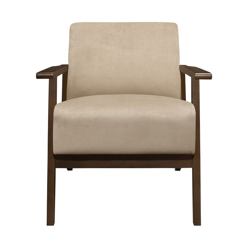 Rica 32 Inch Accent Armchair, Soft Beige Velvet, Walnut Brown Solid Wood - Benzara