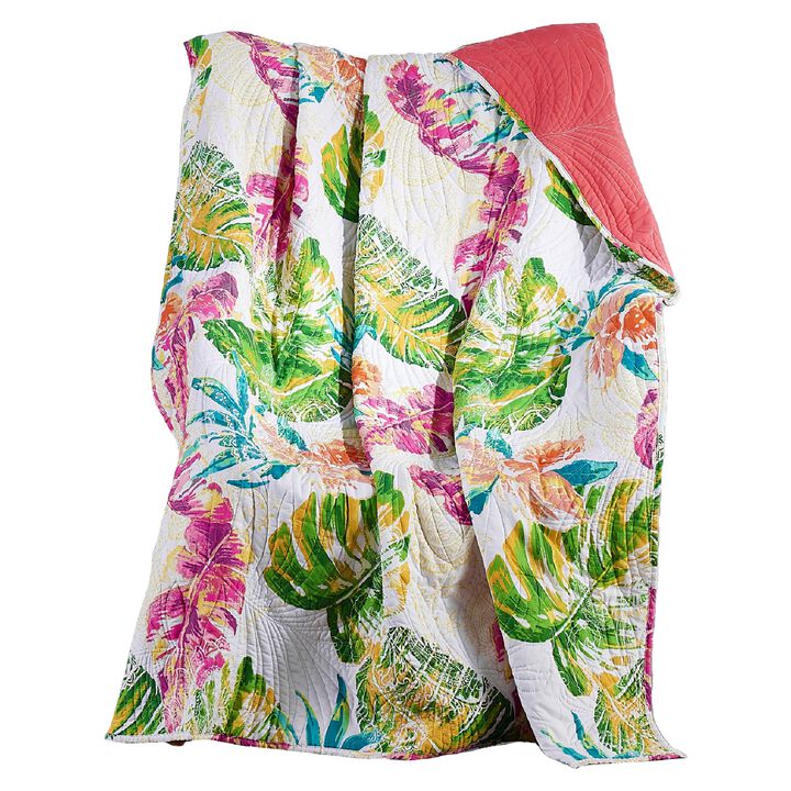 Porto 60 Inch Throw Blanket, Tropical Palm Leaves, Vibrant Green, Blue-Benzara