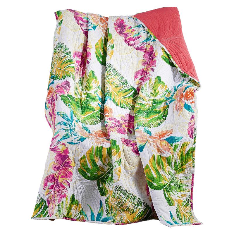 Porto 60 Inch Throw Blanket, Tropical Palm Leaves, Vibrant Green, Blue-Benzara