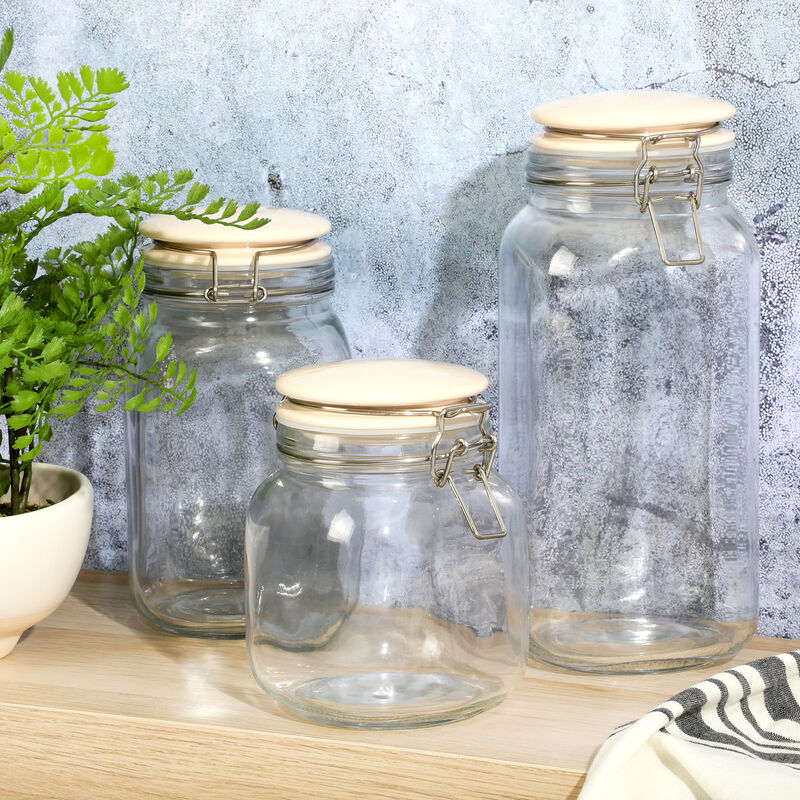 Martha Stewart Rindleton 3 Piece Glass Canister Set with Ceramic Lids in Off-White
