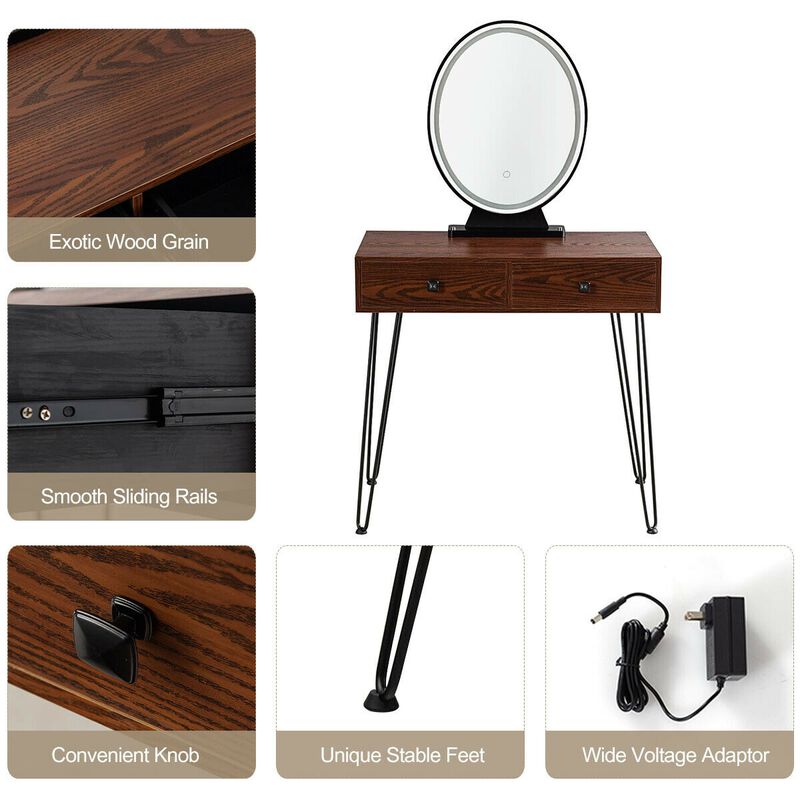 Industrial Makeup Dressing Table with 3 Lighting Modes-Walnut