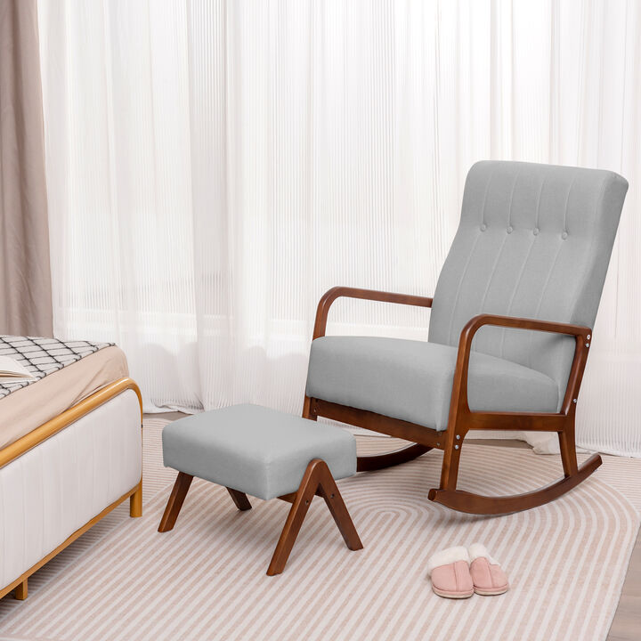 Rocking Chair with Ottoman and Solid Rubber Wood Frame and Padded Cushion-Grey