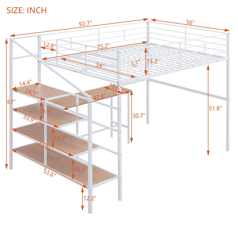 Full Size Metal Loft Bed With Desk And Lateral Storage Ladder