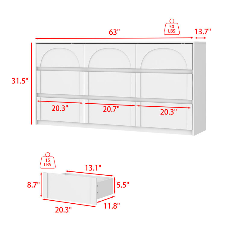 FUFU&GAGA Modern 9-Drawer Dresser with Arch Design and Storage Drawers, Wide Storage Cabinet for Bedroom, Living Room (63" W x 13.7" D x 31.5" H),White