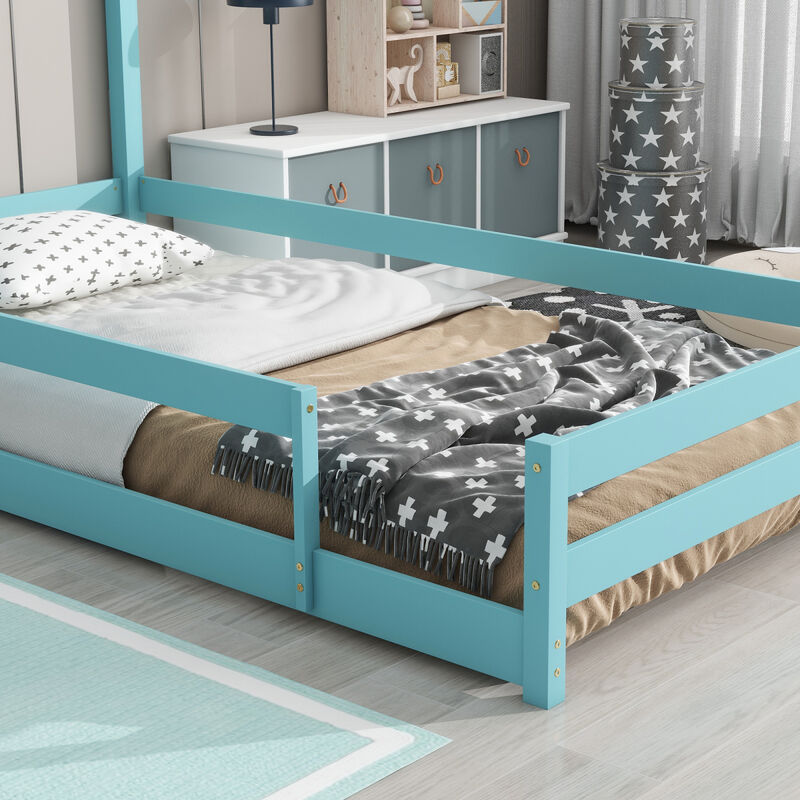 Twin Size Wood Bed With House-Shaped Headboard Floor Bed With Fences, Light Blue