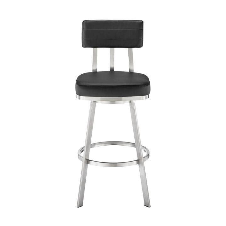 Poni 30 Inch Swivel Barstool Chair, Cushioned Seating, Black Faux Leather - Benzara