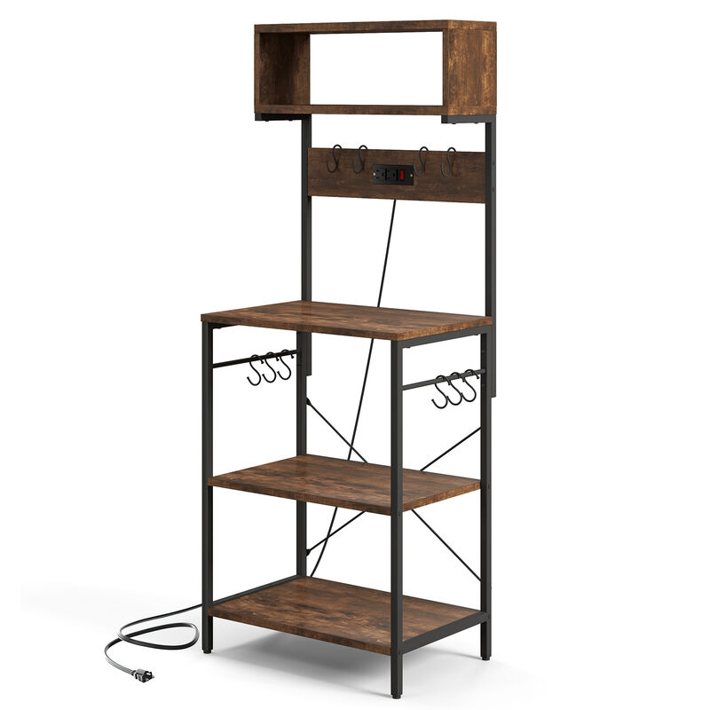 60 Inch Tall Microwave Stand with Open Shelves and 10 Hanging Hooks