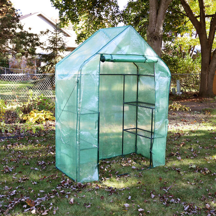 Sunnydaze Small Iron PE Cover Walk-In Greenhouse with 4 Shelves - Green