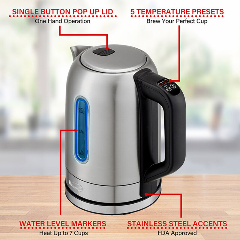 Brentwood 1500 Watt Stainless Steel 1.7 Liter Electric Kettle with 5 Temperature Presets in Silver