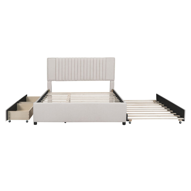 Queen Size Upholstered Platform Bed With 2 Drawers And 1 Twin XL Trundle, Classic Headboard Design