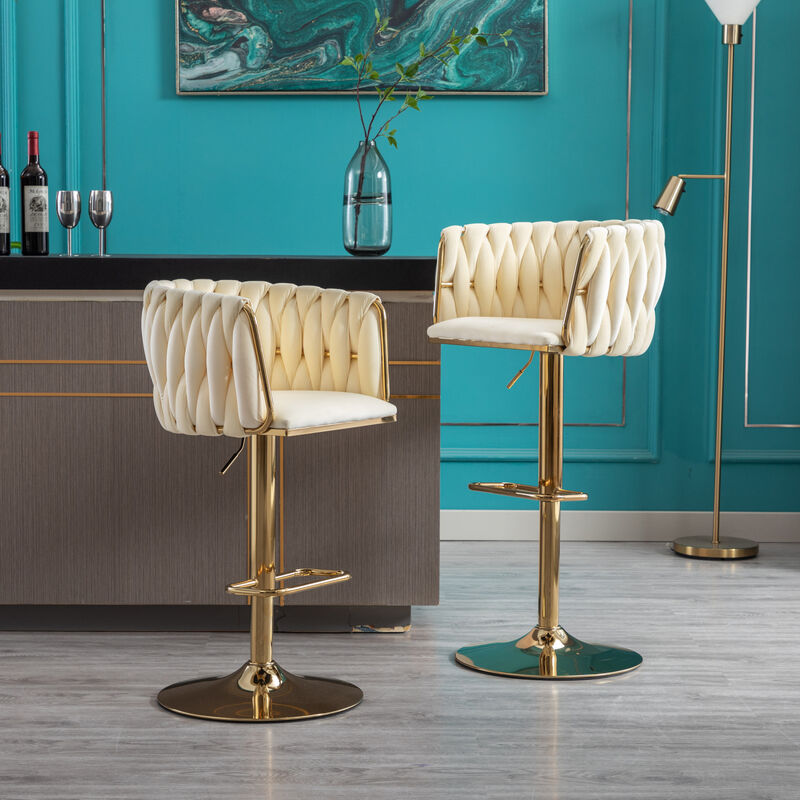 Set of 2 Bar Stools, with Chrome Footrest and Base Swivel Height Adjustable Mechanical Lifting Velvet + Golden Leg Simple Bar Stoo, Ivory