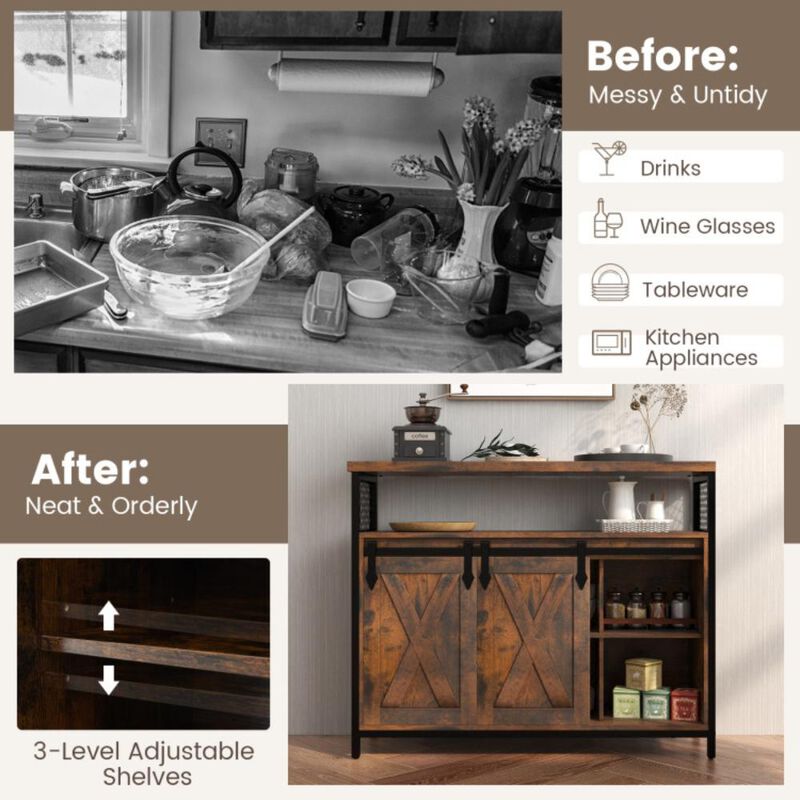Hivvago Buffet Cabinet with 3-Level Adjustable Shelves and 2 Sliding Barn Doors
