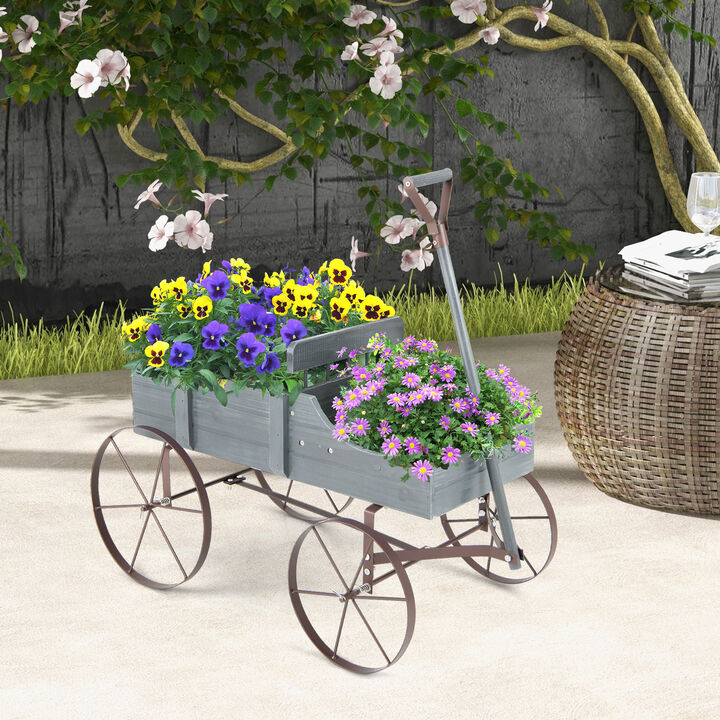 Wooden Wagon Plant Bed With Wheel for Garden Yard