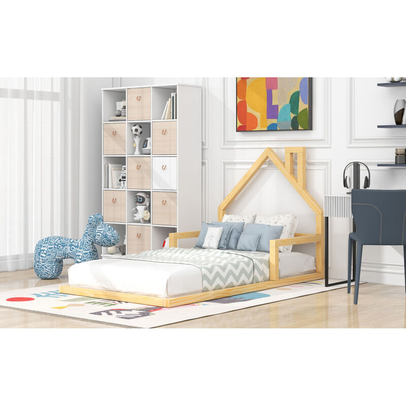 Twin Size Wood Floor Bed With House-Shaped Headboard