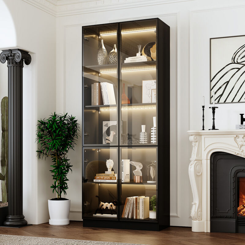 Black Wood 31.5 in. W Display Cabinet With Pop-up Tempered Glass Doors and 3-Color LED Lights