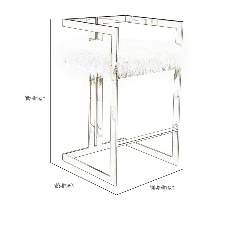 Suki 26 Inch Barstool Chair, Black Faux Fur Seat, Stainless Steel, Gold - Benzara