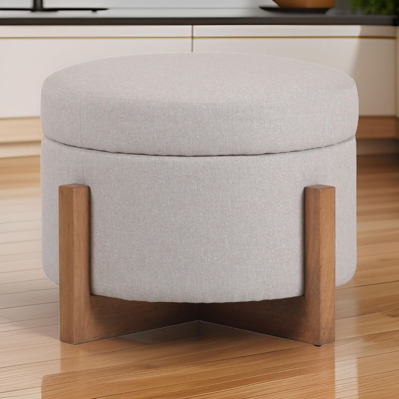 24 Inch Ottoman, Round Cushioned Storage Seat, Gray Polyester, Brown Wood - Benzara