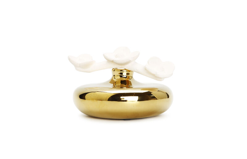 Gold Circular Diffuser With Three White Flowers, "English Pear & Freesia" Scent