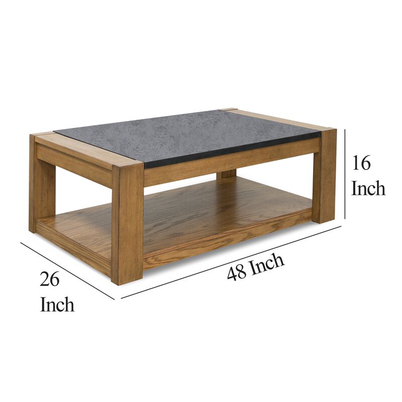 Enty Lift Top Coffee Table, Waterproof Faux Stone, 48 Inch Brown Wood - Benzara
