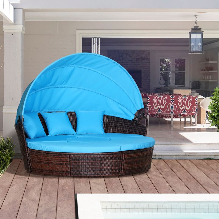 Rattan Poolside Oasis: 4pc Canopied Daybed Sofa Set in Mocha Brown