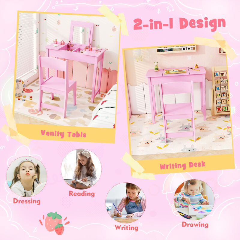 2-in-1 Kids Vanity Makeup Table and Chair Set with Flip Top Mirror