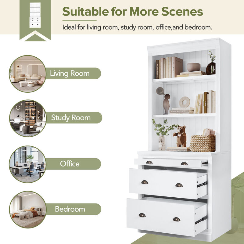 Merax 83.4"Tall Bookshelf Suite,Modern Bookcase Suite with LED Lighting, Drawers and Open Shelves,2-Piece Set Storage Bookshelf for Living Room,Home Office