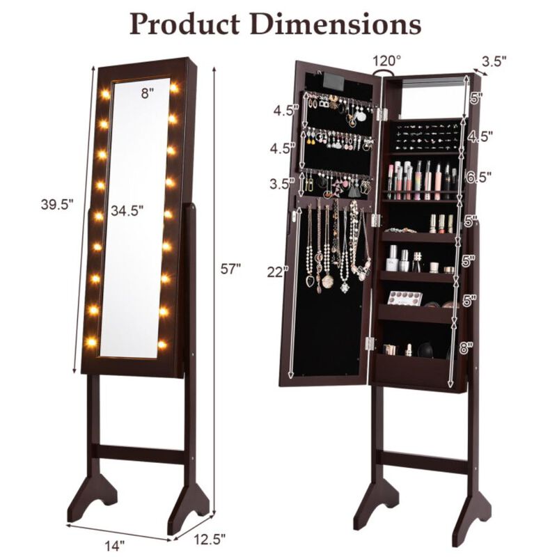 Hivvago Mirrored Jewelry Cabinet Armoire Organizer w/ LED lights