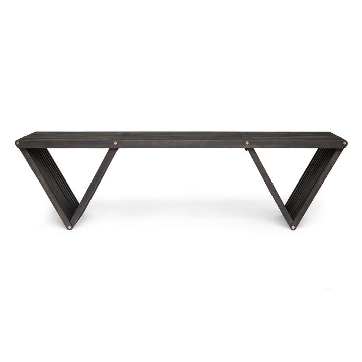 Riah Outdoor Bench, Angled Legs, Slatted 63 Inch Dark Gray Acacia Wood - Benzara