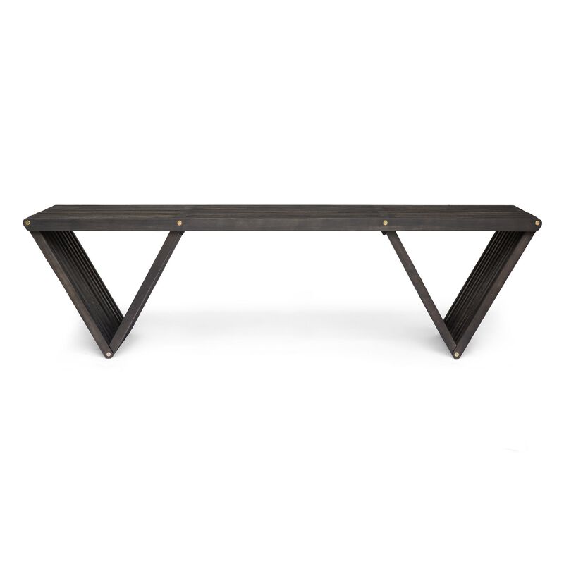 Riah Outdoor Bench, Angled Legs, Slatted 63 Inch Dark Gray Acacia Wood - Benzara