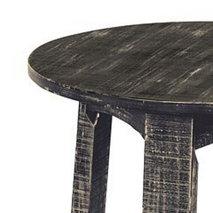 Rena Side End Table, X Legs, 24in Round, Distressed Rustic Black Wood - Benzara