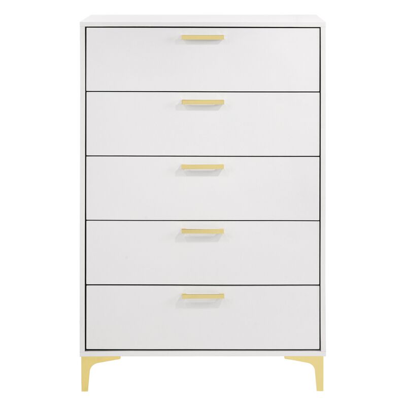 Lif 50 Inch Modern 5 Drawer Tall Dresser Chest, Gold Accents, Smooth White-Benzara